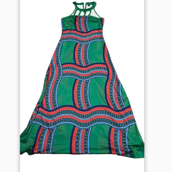 Sexy, Green, Red Geometric Printed Halter Neck, Boho, Swing Tribal Dress, Sz L - Picture 5 of 5